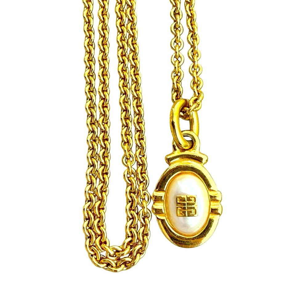 36” Vintage Givenchy Logo Pendant Chain Necklace HTF Gold Tone Faux Pearl
